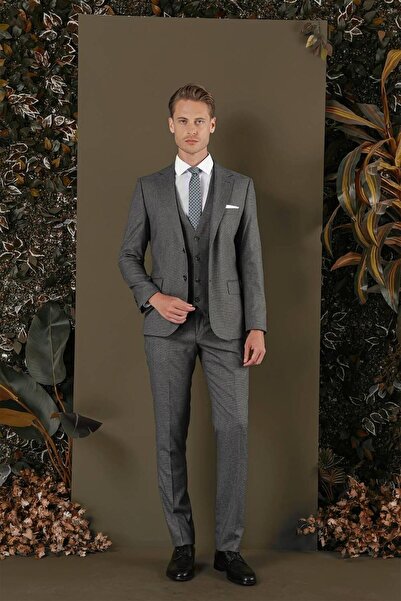 Efor Slim Fit Mono Yaka Doku Desenli Koyu Gri Yelekli Takım Elbise TK 873