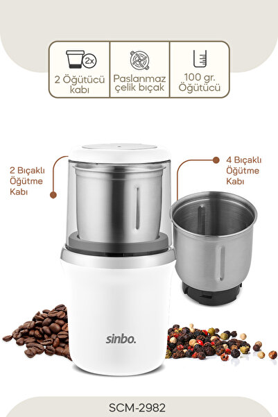 Sinbo 2982 Kahve & Baharat Öğütücü Beyaz/Krom – 200W Güç, Paslanmaz Çelik Bıç...