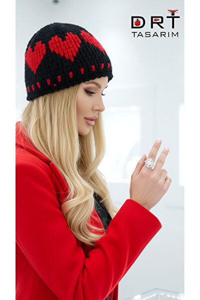 drt tasarım Heart Patterned Black Beret