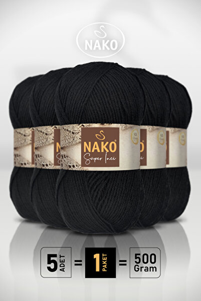 NAKO Süper İnci - 217 Siyah - 5'li Paket - 100gr/260m - El Örgü İpi - Atkı Ye...