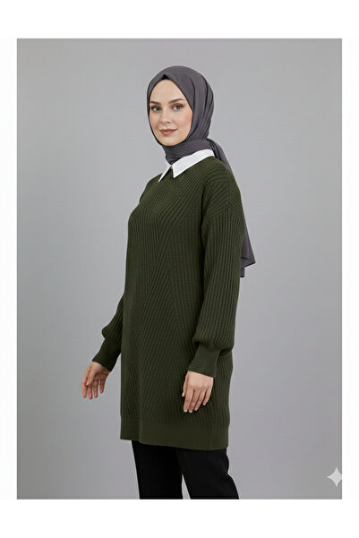 Kirazgym Striped Patterned Soft Knit Sweater Crew Neck - Khaki