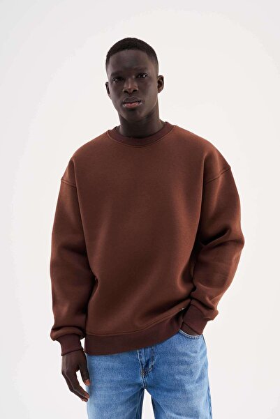 Machinist Erkek Basic Bisiklet Yaka Oversize Kahverengi Sweatshirt