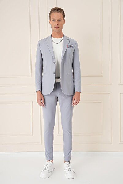 Efor Comfort Fit Çift Yırtmaç Fleto Cep Esnek Pamuk Casual Gri Mavi Ceket C 675