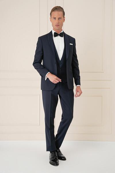 Efor Black 078 Slim Fit Çıkarılabilir Saten Yaka Cerutti Kumaş Yelekli Lacive...