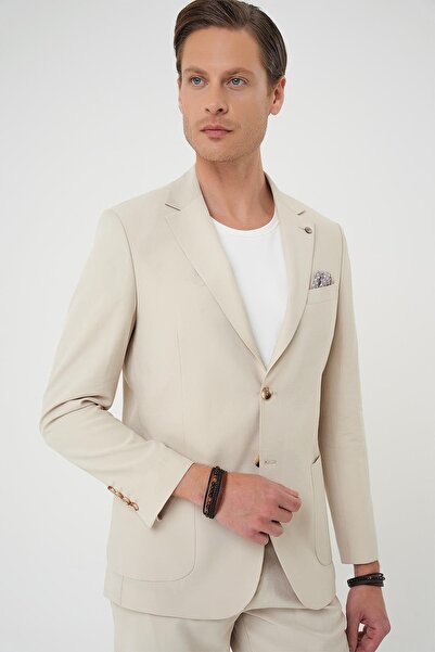 Efor Slim Fit Torba Cep Spandex Karışımlı Casual Krem Ceket C 714