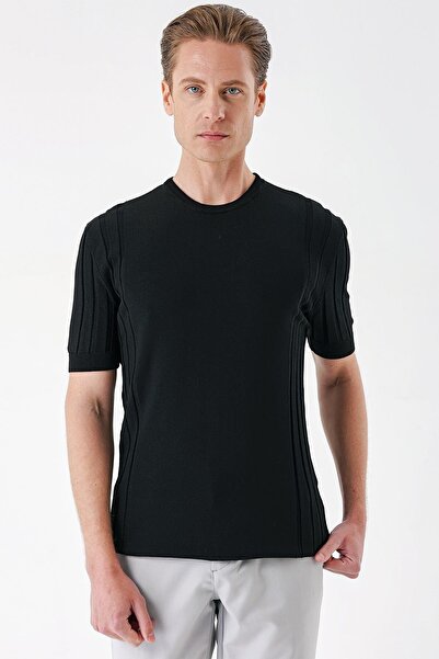 Efor Slim Fit Bisiklet Yaka Kısa Kol Siyah Triko Tr 869