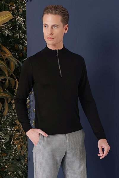 Efor Slim Fit Ribanalı Fermuarlı Yarım Balıkçı Yünlü Siyah Triko Kazak TR 861