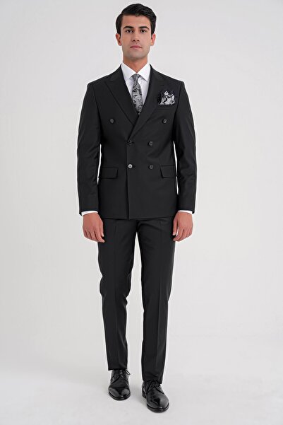 Efor Slim Fit Çift Yırtmaç %95 Yün Esnek Siyah Kruvaze Takım Elbise TK 929