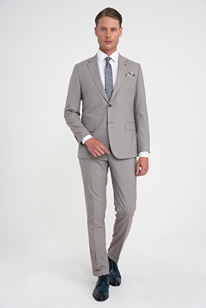 Efor Slim Fit Çift Yırtmaç Esnek Yelekli Klasik Bej Takım Elbise Tk 916