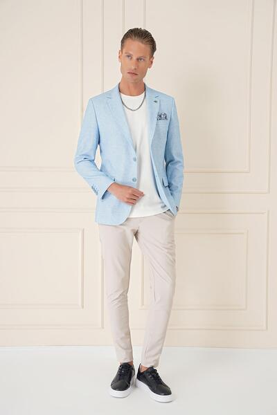 Efor Comfort Fit Double Slit Wrinkled Linen Casual Blue Jacket C 677