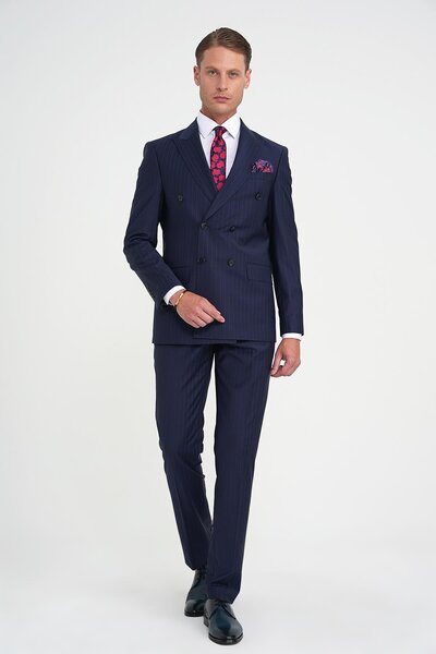 Efor Slim Fit Çift Yırtmaç Çizgili Kruvaze Klasik Lacivert Takım Elbise Tk 925