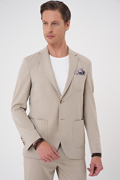 Efor Comfort Fit Mono Collar Double Slit Pocket Textured Patterned Beige Blaz...