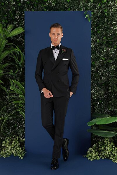 Efor Slim Fit Çıkarılabilir Saten Yaka Kruvaze Siyah Damatlık Smokin Takım Bl...