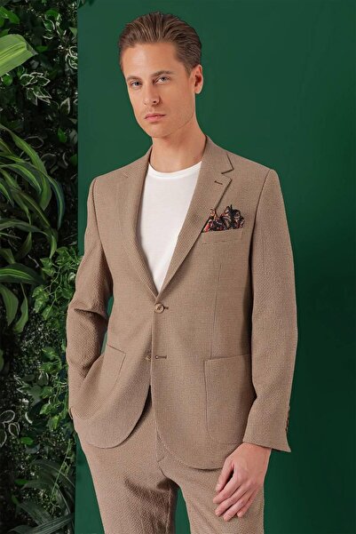 Efor Comfort Fit Torba Cep Pötikare Gofre Kumaş Esnek Casual Bej Ceket C 669