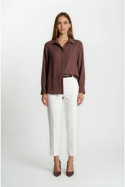 Spazio Lluvy Uzun Kollu Gizli Pat Düğmeli Bluz KAHVE