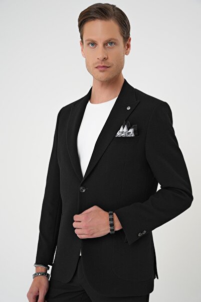 Efor Slim Fit Kırlangıç Yaka Torba Cep Çift Yırtmaç Casual Siyah Ceket C 700