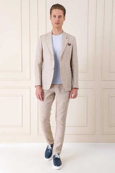 Efor Comfort Fit Torba Cep Çift Yırtmaç %100 Keten Casual Bej Ceket C 666