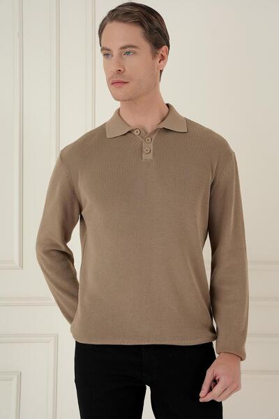 Efor Fitilli Dokuma Düğmeli Polo Yaka Vizon Triko Kazak TR 887