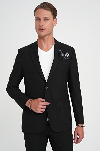 Efor Slim Fit Torba Cep Esnek Pamuk Düz Siyah Blazer Ceket C 712