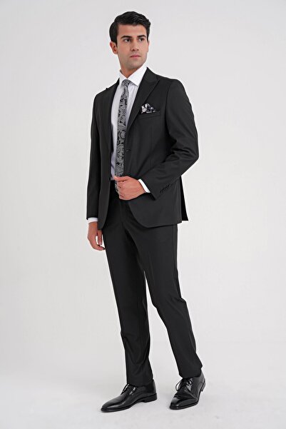 Efor Slim Fit Sivri Yaka Esnek Yünlü Düz Siyah Klasik Takım Elbise TK 928