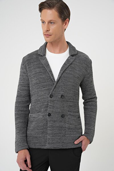 Efor Kruvaze İlikleme Torba Cep Koyu Gri Örme Triko Ceket 01