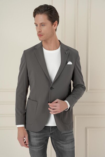 Efor Slim Fit Torba Cep Esnek Spandex Karışımlı Düz Koyu Haki Blazer Ceket C 696