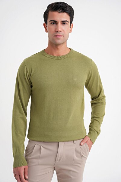 Efor Men's Slim Fit Ribbed Khaki Green Wool Crew Neck Knitwear Sweater Tr 875