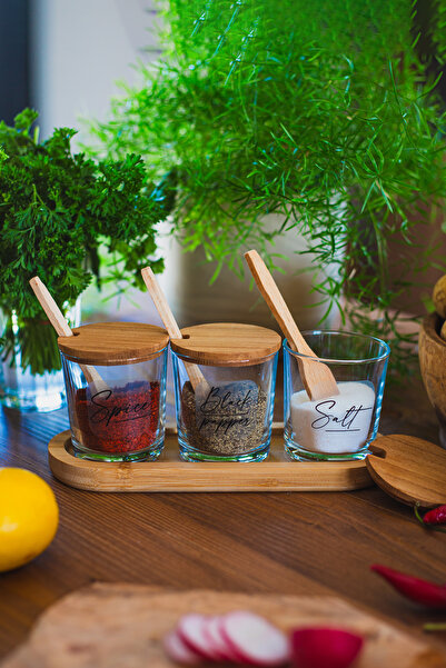 Rakle Marsala Bamboo 3-Piece Spice Rack Set with Spoon and Stand 190 Cc