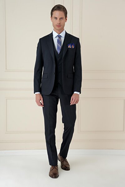 Efor Slim Fit Çift Yırtmaç Düz Lacivert Klasik Takım Elbise TK 913