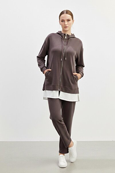 Puane Women's Hooded Zippered Tunic Trousers Set-14427 - Brown