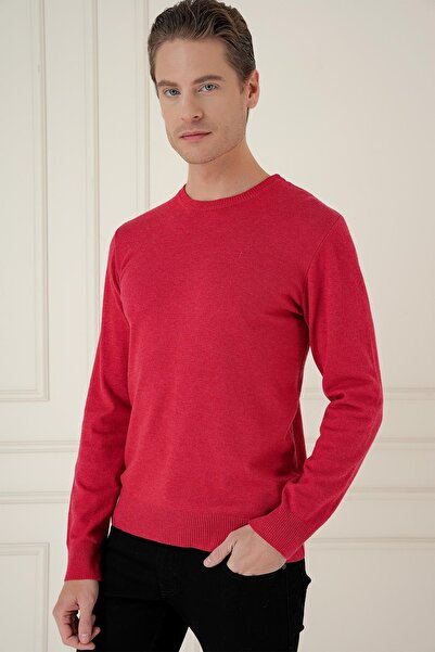 Efor Men's Slim Fit Ribbed Khaki Red Wool Crew Neck Knitwear Sweater Tr 875