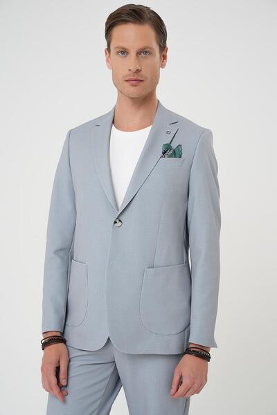 Efor Comfort Fit Mono Collar Double Slit Pocket Textured Gray Jacket C 705