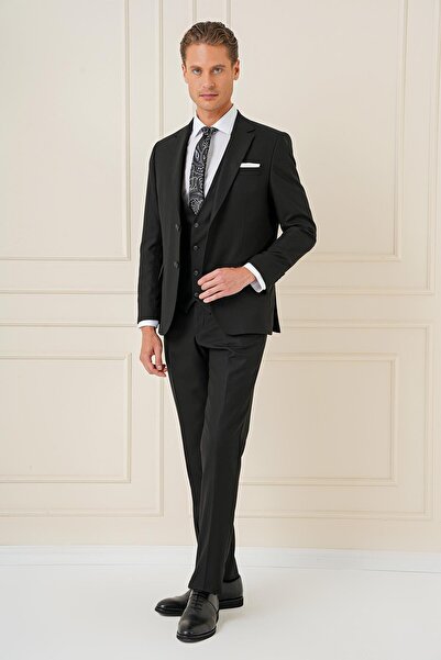 Efor Slim Fit Çift Yıtmaç Siyah Klasik Yelekli Takım Elbise TK 896