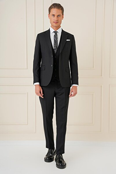 Efor Slim Fit Mono Yaka Yünlü Esnek Siyah Yelekli Takım Elbise TK 903