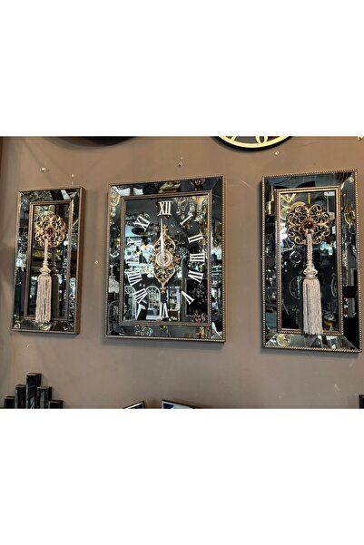 Amisos Dekor Aynalı 3’lü Duvar Saati Takımı - Gümüş Çerçeveli Şık Tasarım