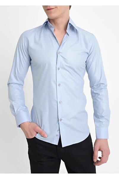 Efor Slim Fit Dik Yaka Pamuk Saten Uzun Kol Klasik Açık Mavi Gömlek G 565