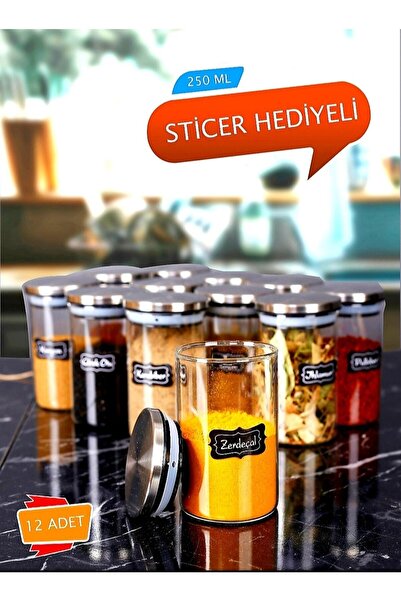 Pembelia Life Etiketli 250 Ml Metal Kapaklı 12 Adet Cam Kavanoz Baharatlık Seti