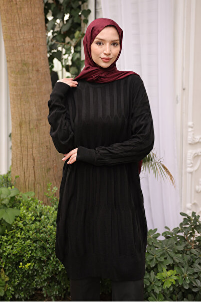 İmajButik Μαύρο Crew Neck Mercerized Casual Knitwear Tunic