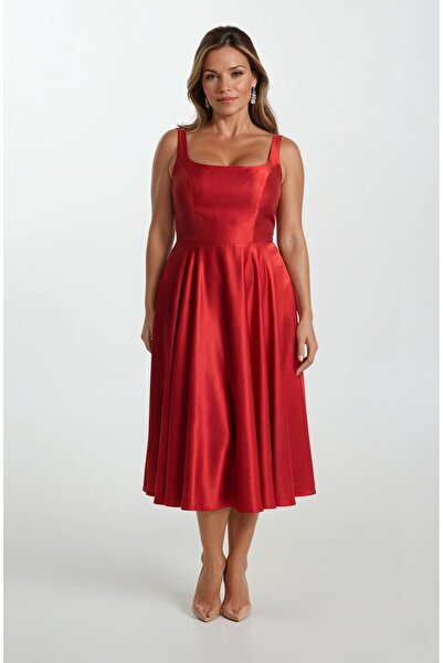 Spazio Nema Sırtı Çapraz Bağlamalı U Yaka Midi Abiye Elbise KIRMIZI