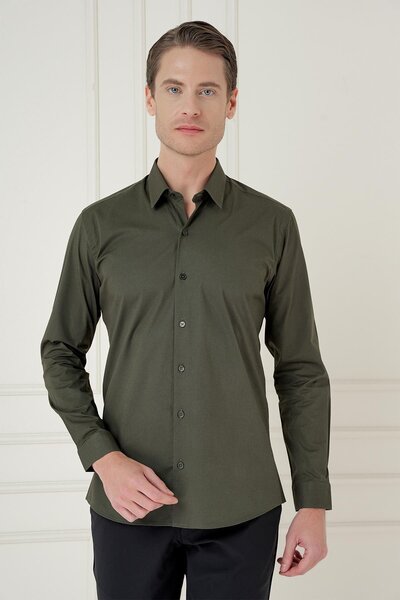 Efor Slim Fit Pamuk Uzun Kol Klasik Haki Gömlek Gk 745