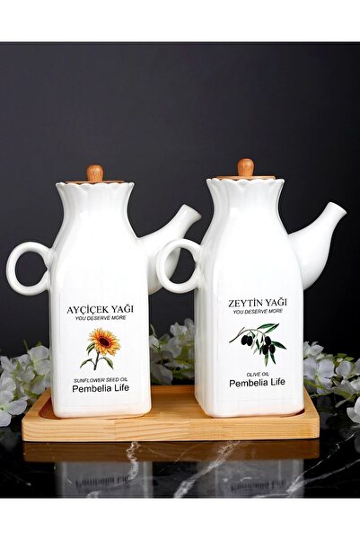 Pembelia Life Etiketli Ahşap Standlı 2'li Kare Porselen 1000ml Yağlık Sirkeli...