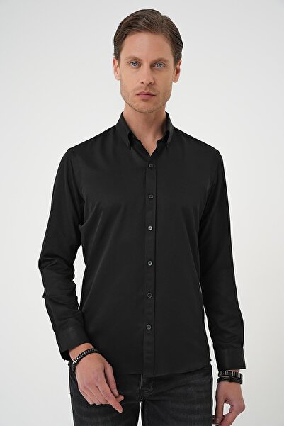 Efor Slim Fit Düğmeli Yaka Pamuklu Klasik Siyah Gömlek Gk 736