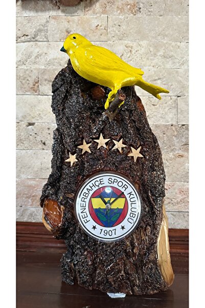 TOLGA’S WORKSHOP El Yapımı Fenerbahçe Temalı Doğal Kütük Üzeri El Oyması Sarı...