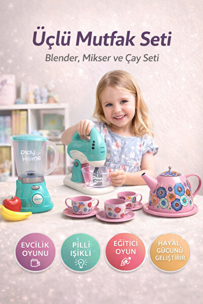 Canland Çocuklar İçin Pilli Işıklı Blender Mikser ve Çay Seti – 3’lü Mutfak E...