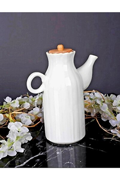 Pembelia Life Bambu Kapaklı Papatya Porselen 1000ml Yağdanlık Beyaz Yağlık