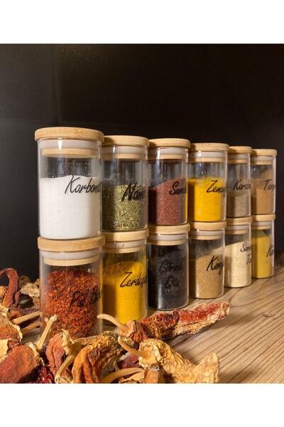 Pembelia Life 12'li Bambu Vakumlu Kapaklı Cam 180 Ml Baharatlık Seti Etiketli...