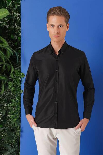 Efor Slim Fit Düğmeli Yaka Pamuklu Klasik Siyah Gömlek Gk 715