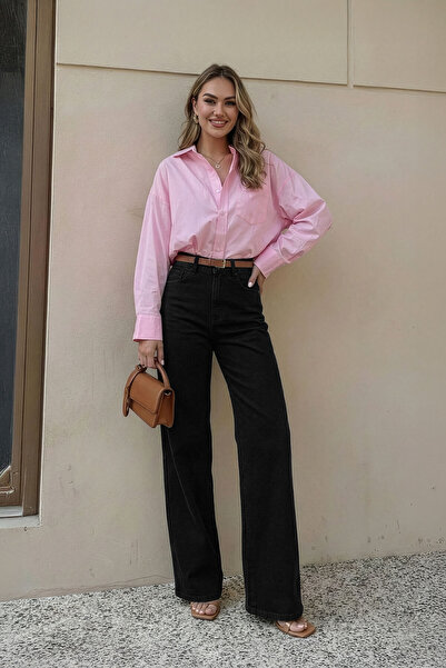 Bluewhite Women's High Waist Stretch Fabric Wide Leg Black Jean Pants