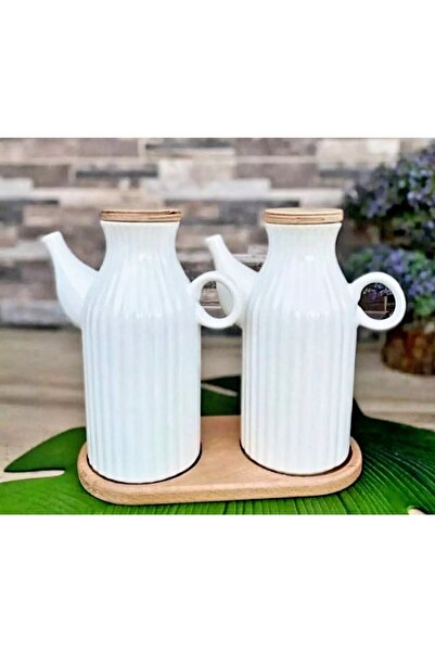 Pembelia Life 2 Adet 1 Lt Porselen Yağdanlık Ve Ahşap 2 Bölmeli Altlık Seti-3...