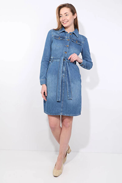 Bluewhite Rochie de jeans cu mânecă lungă cu centură albastră de damă